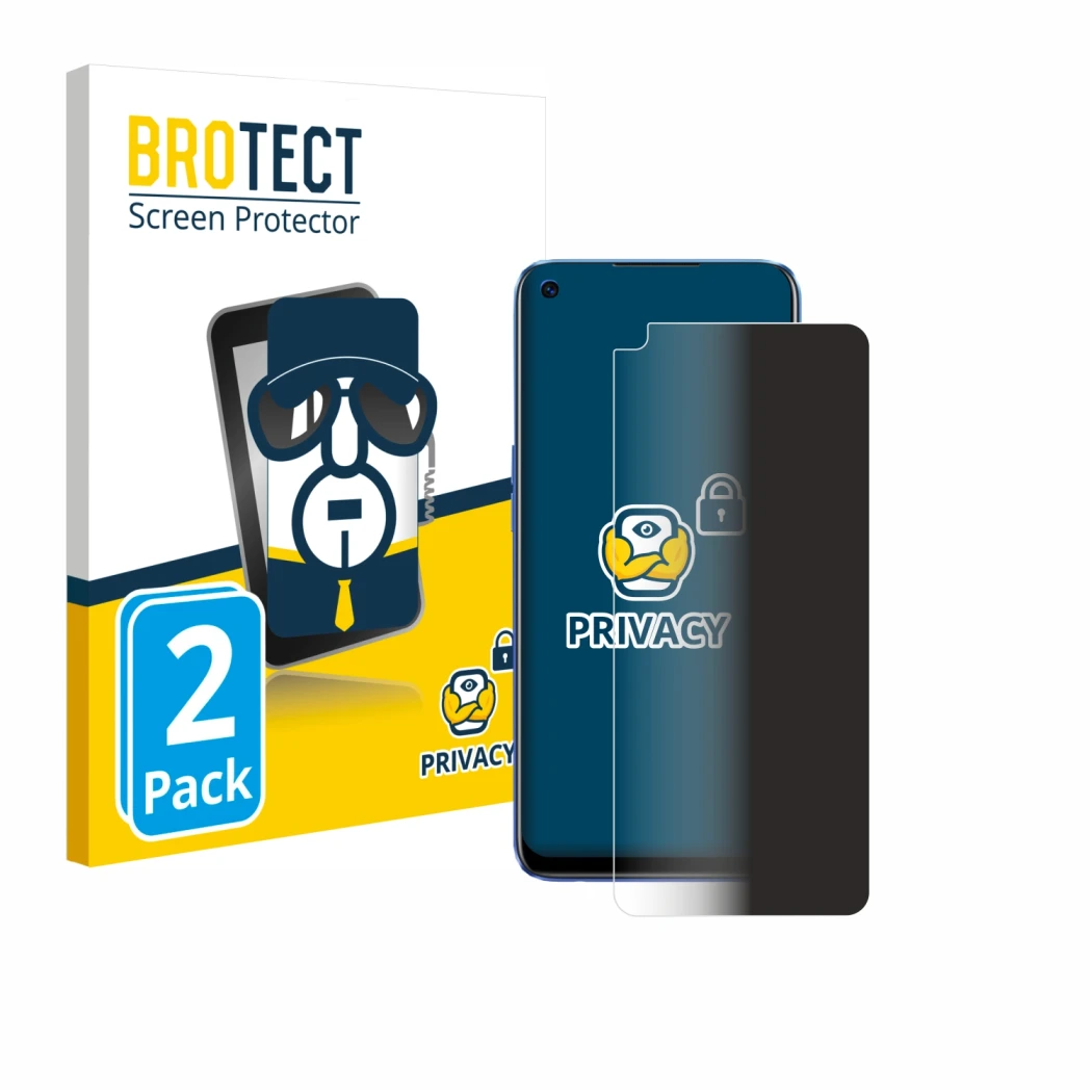 Front side of a product packaging with the brand logo BROTECT. Next to it is the device realme 6 shown with the corresponding 