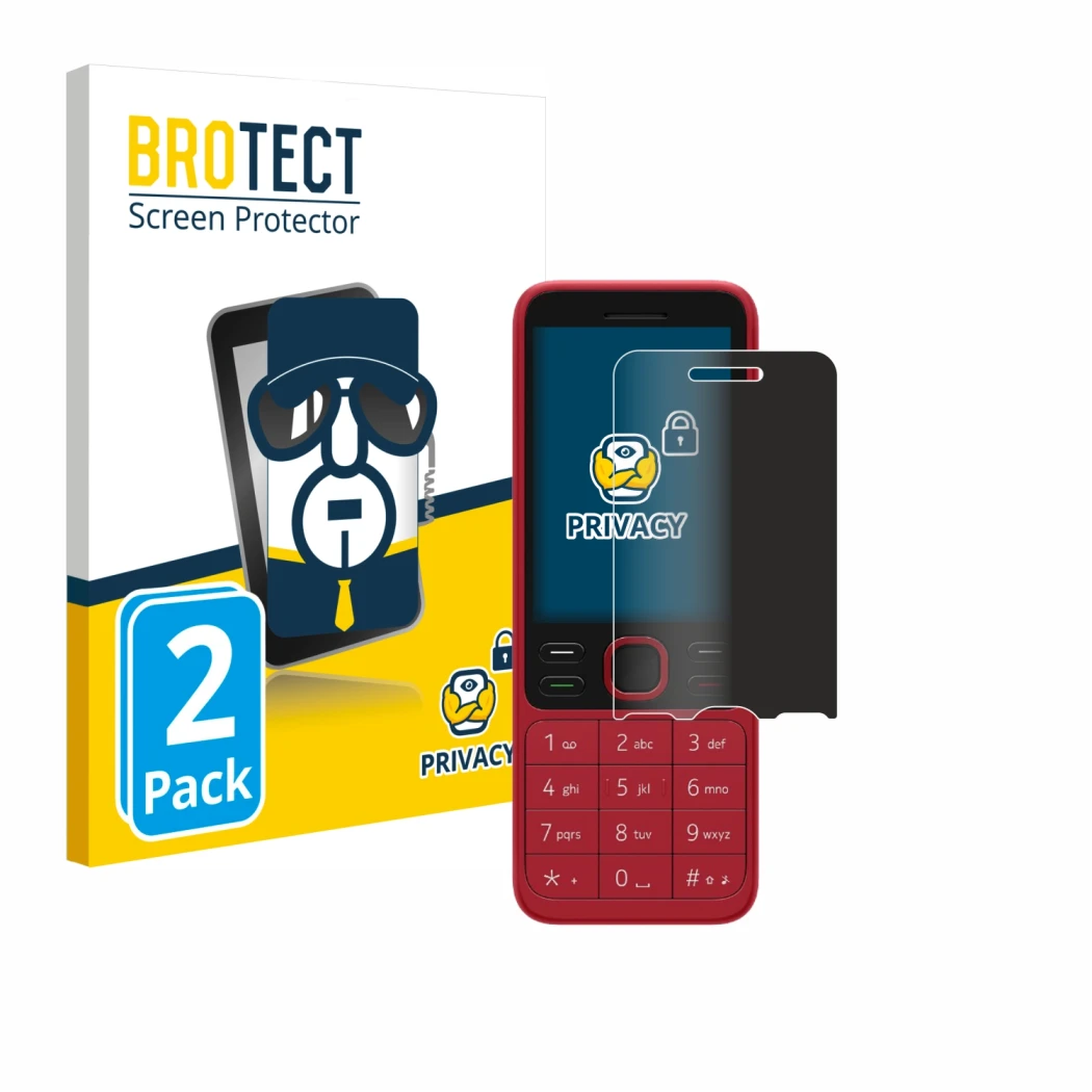 Front side of a product packaging with the brand logo BROTECT. Next to it is the device Nokia 150 2020 shown with the correspo