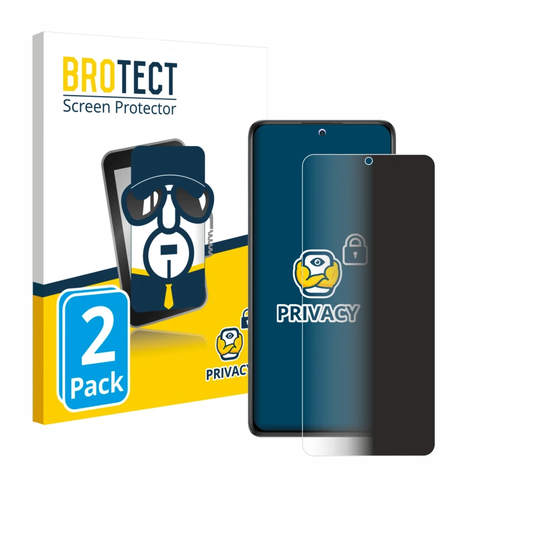 Front side of a product packaging with the brand logo BROTECT. Next to it is the device Xiaomi Redmi Note 10 shown with the co