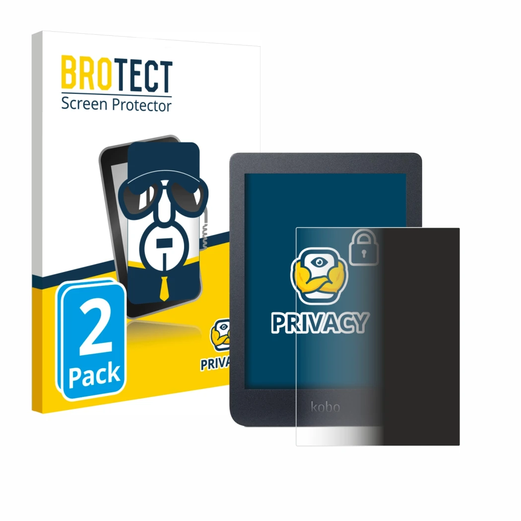 Front side of a product packaging with the brand logo BROTECT. Next to it is the device Kobo Nia shown with the corresponding