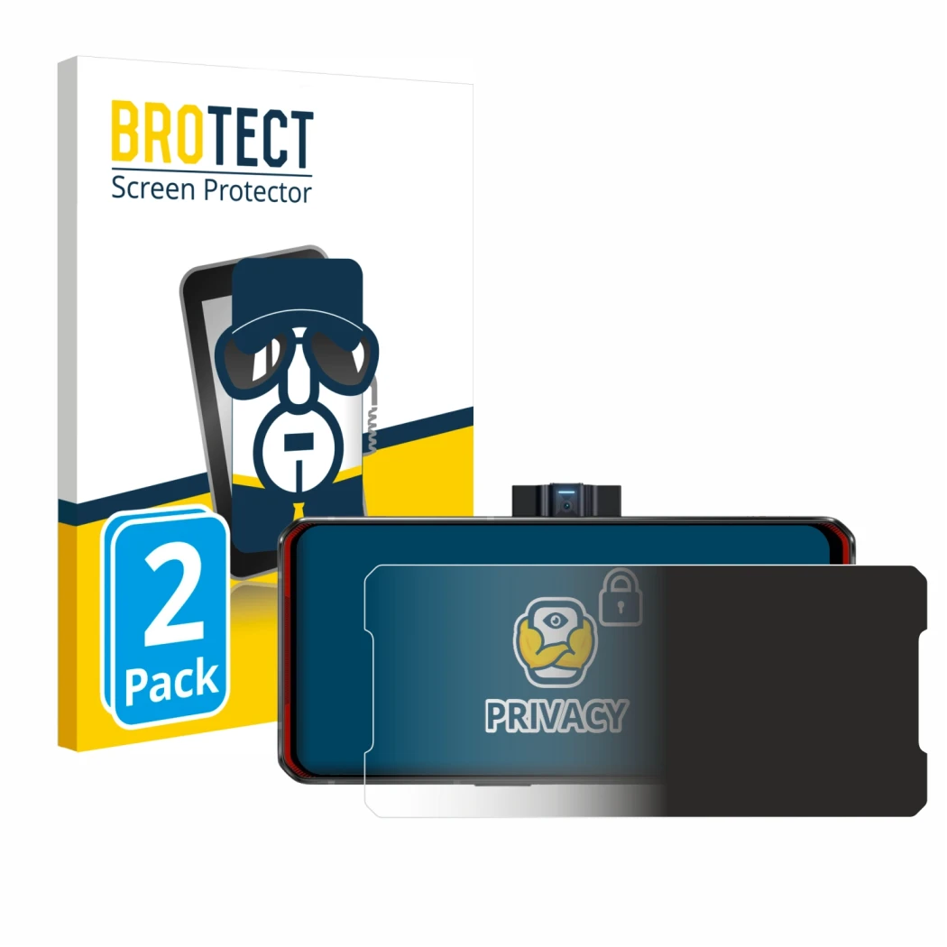 Front side of a product packaging with the brand logo BROTECT. Next to it is the device Lenovo Legion Duel shown with the corr