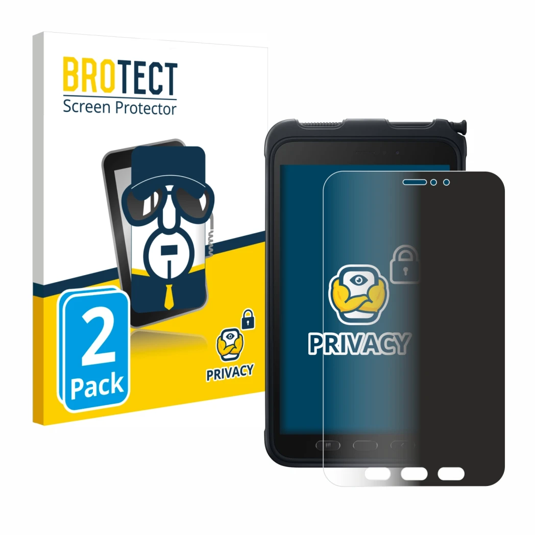 Front side of a product packaging with the brand logo BROTECT. Next to it is the device Samsung Galaxy Tab Active 3 shown with