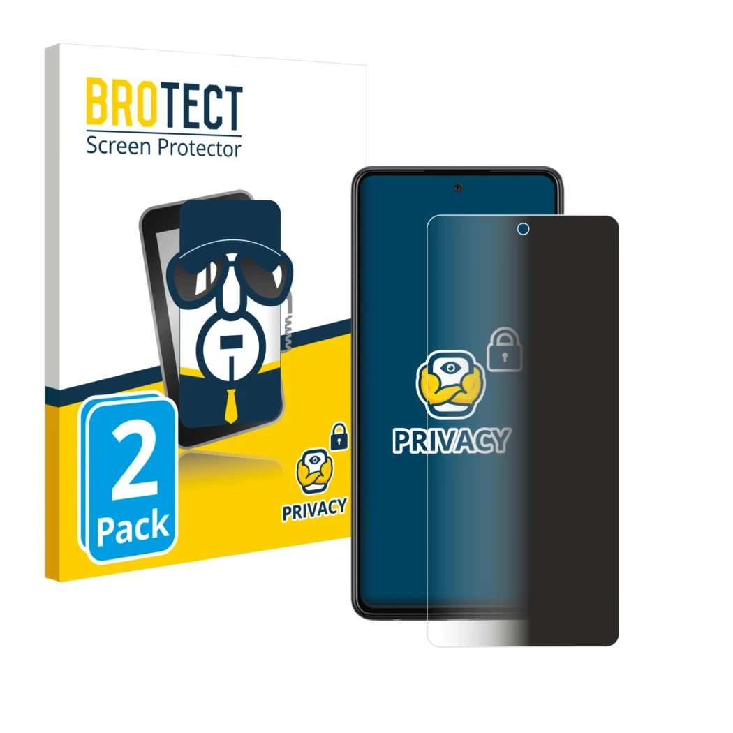 Front side of a product packaging with the brand logo BROTECT. Next to it is the device Samsung Galaxy A72 5G shown with the c