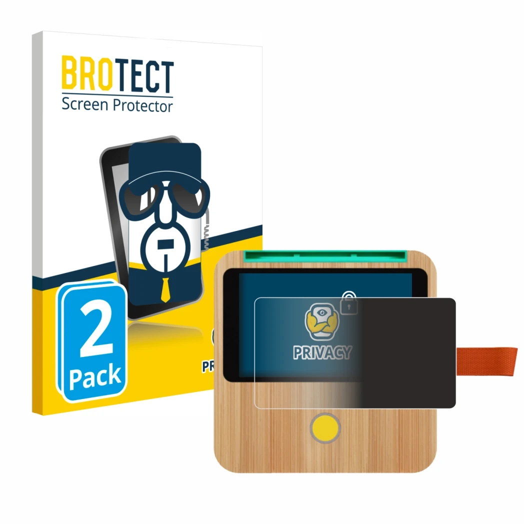 Front side of a product packaging with the brand logo BROTECT. Next to it is the device tigerbox Touch shown with the correspo