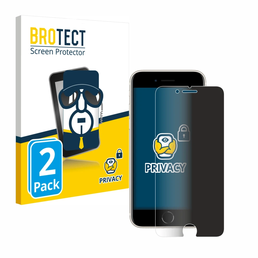 Front side of a product packaging with the brand logo BROTECT. Next to it is the device Apple iPhone SE 3 2022 shown with the 