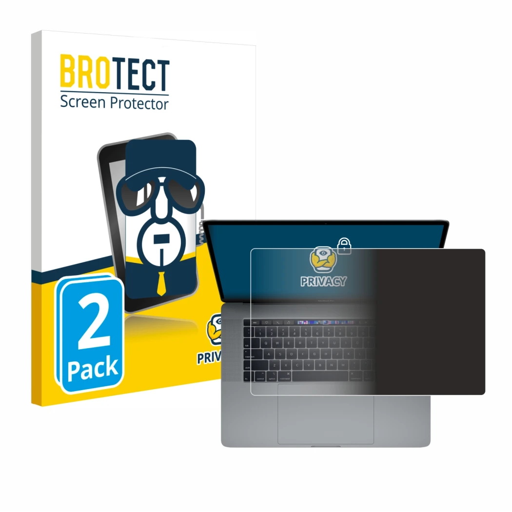 Front side of a product packaging with the brand logo BROTECT. Next to it is the device Apple MacBook Pro 15