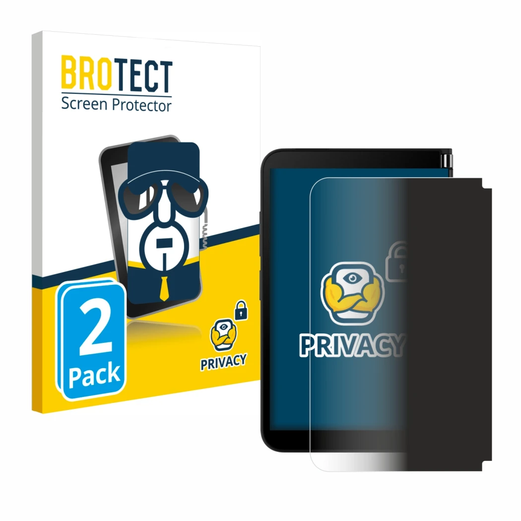Front side of a product packaging with the brand logo BROTECT. Next to it is the device Microsoft Surface Duo 2 (Outer display