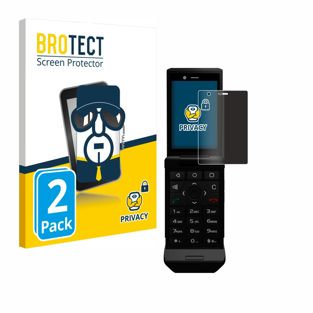 Front side of a product packaging with the brand logo BROTECT. Next to it is the device Caterpillar Cat S22 Flip shown with th