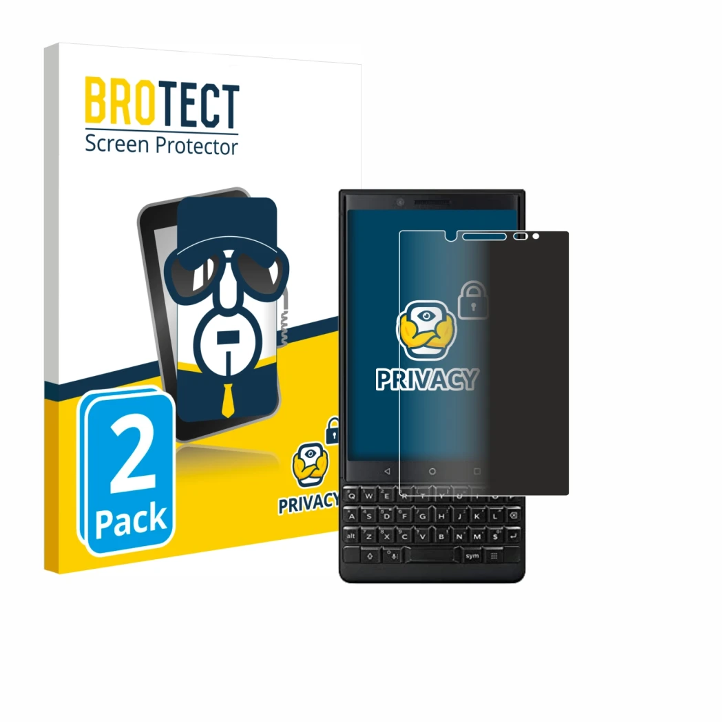Front side of a product packaging with the brand logo BROTECT. Next to it is the device BlackBerry Key2 (Dual Sim) shown with 