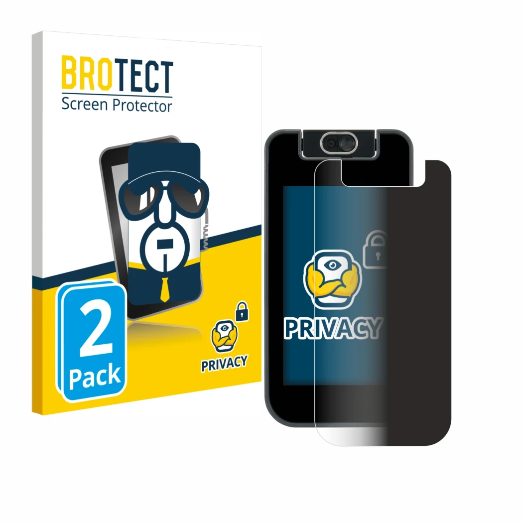 Front side of a product packaging with the brand logo BROTECT. Next to it is the device Vtech Kidicom Advance 3.0 shown with t