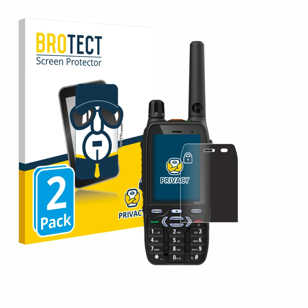Front side of a product packaging with the brand logo BROTECT. Next to it is the device Motorola MXP600 shown with the corresp