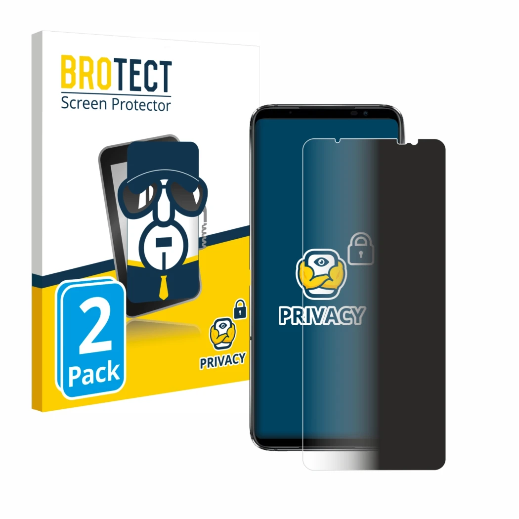 Front side of a product packaging with the brand logo BROTECT. Next to it is the device ASUS ROG Phone 6D Ultimate shown with 