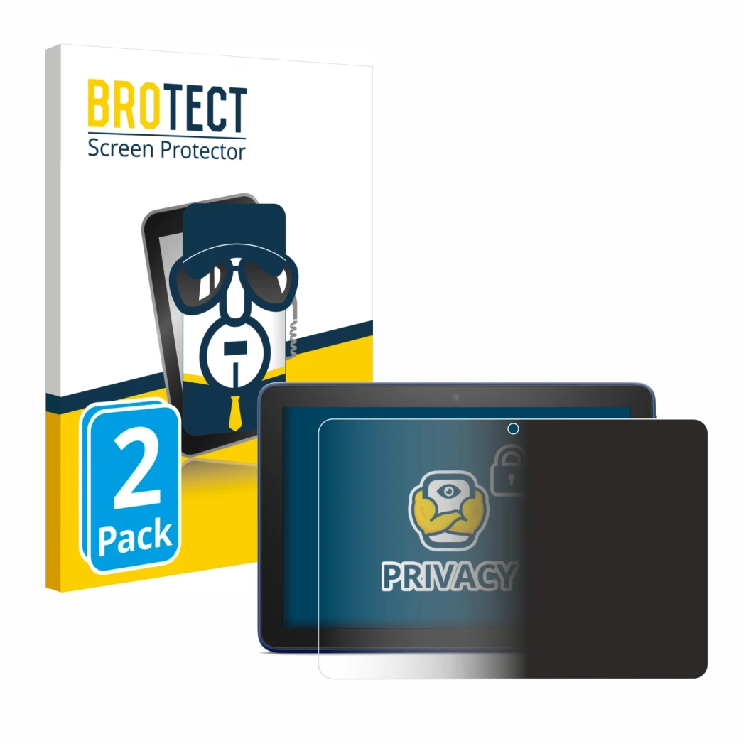 Front side of a product packaging with the brand logo BROTECT. Next to it is the device Amazon Fire HD 8 Plus 2022 shown with 