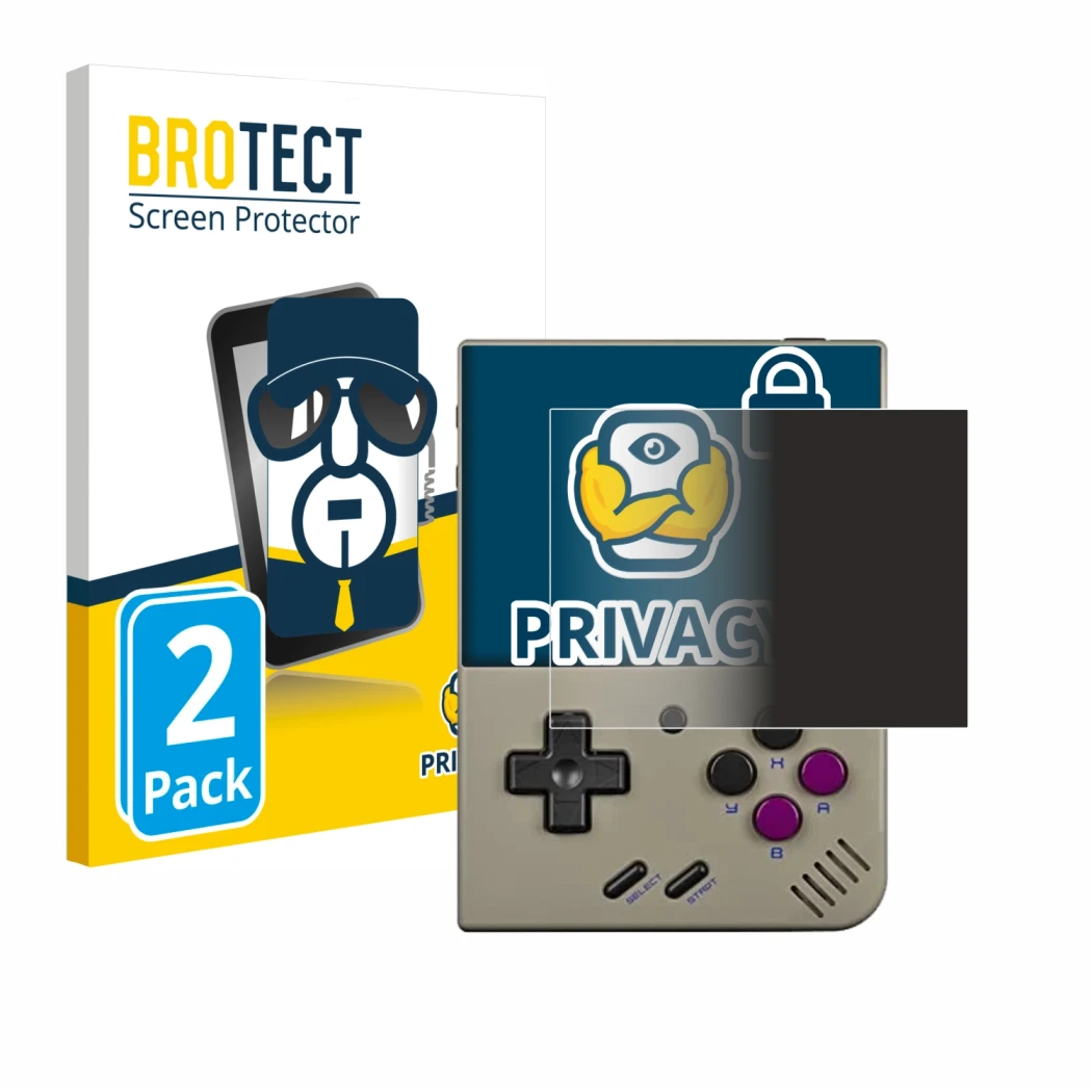 Front side of a product packaging with the brand logo BROTECT. Next to it is the device Miyoo Mini Plus shown with the corresp