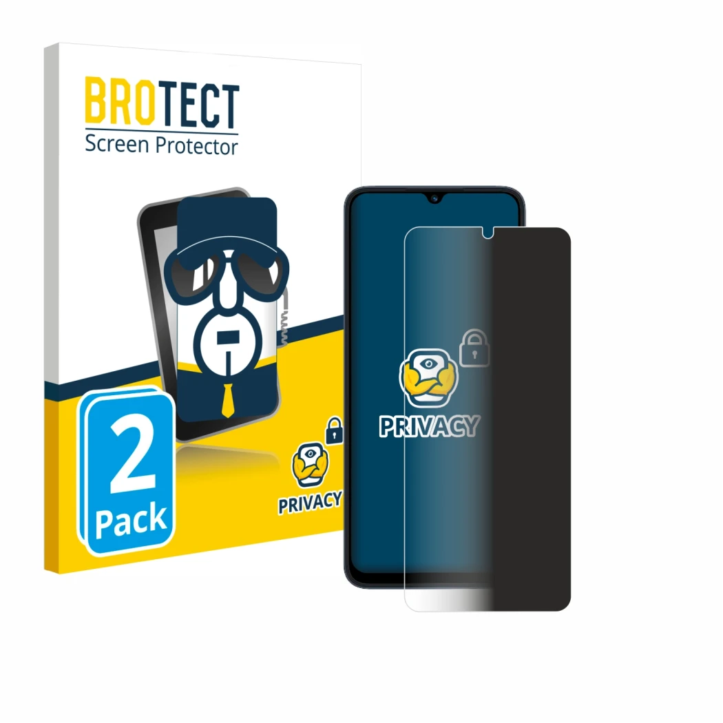 Front side of a product packaging with the brand logo BROTECT. Next to it is the device Xiaomi Redmi 12C shown with the corres