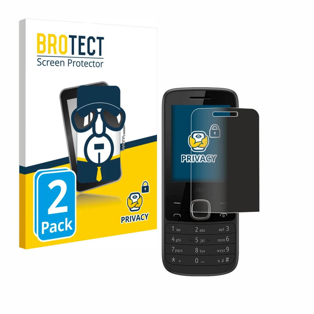 Front side of a product packaging with the brand logo BROTECT. Next to it is the device Nokia 225 4G shown with the correspond