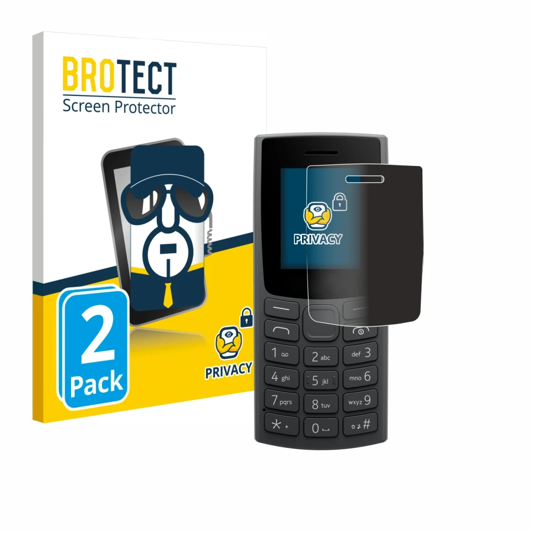 Front side of a product packaging with the brand logo BROTECT. Next to it is the device Nokia 110 (2023) shown with the corres