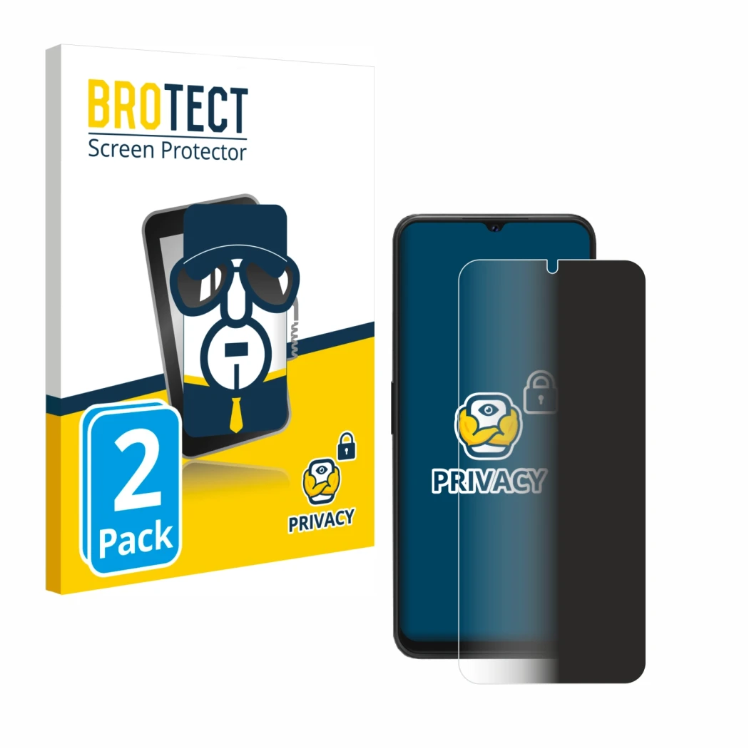 Front side of a product packaging with the brand logo BROTECT. Next to it is the device Cubot P80 shown with the corresponding