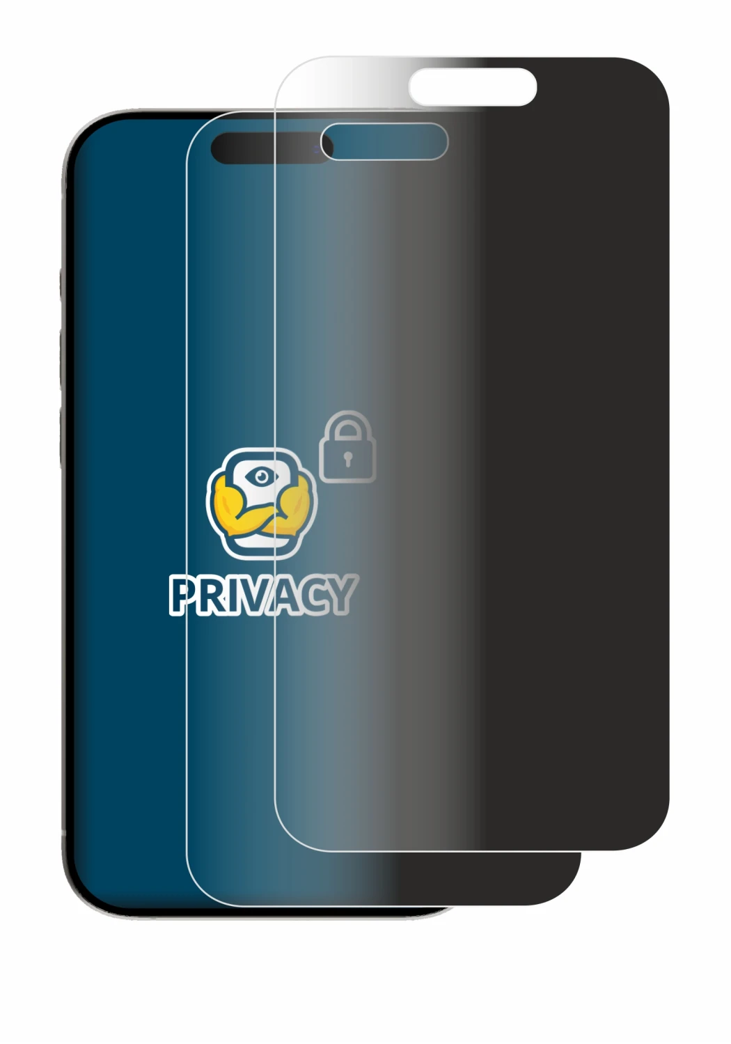 Image of the device Apple iPhone 15 Pro with a wide variety of screen protectors.