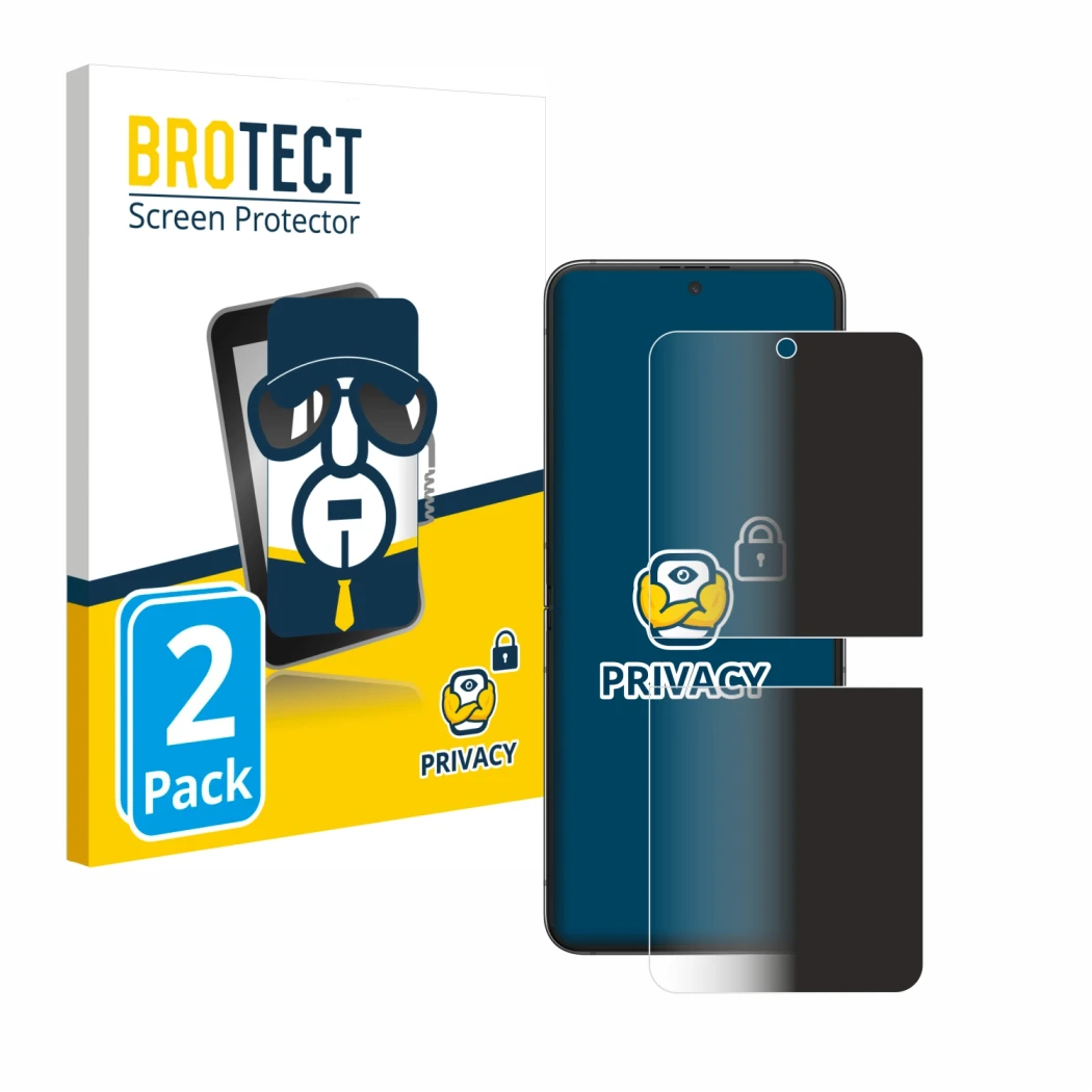 Front side of a product packaging with the brand logo BROTECT. Next to it is the device Samsung Galaxy Z Flip 5 shown with the