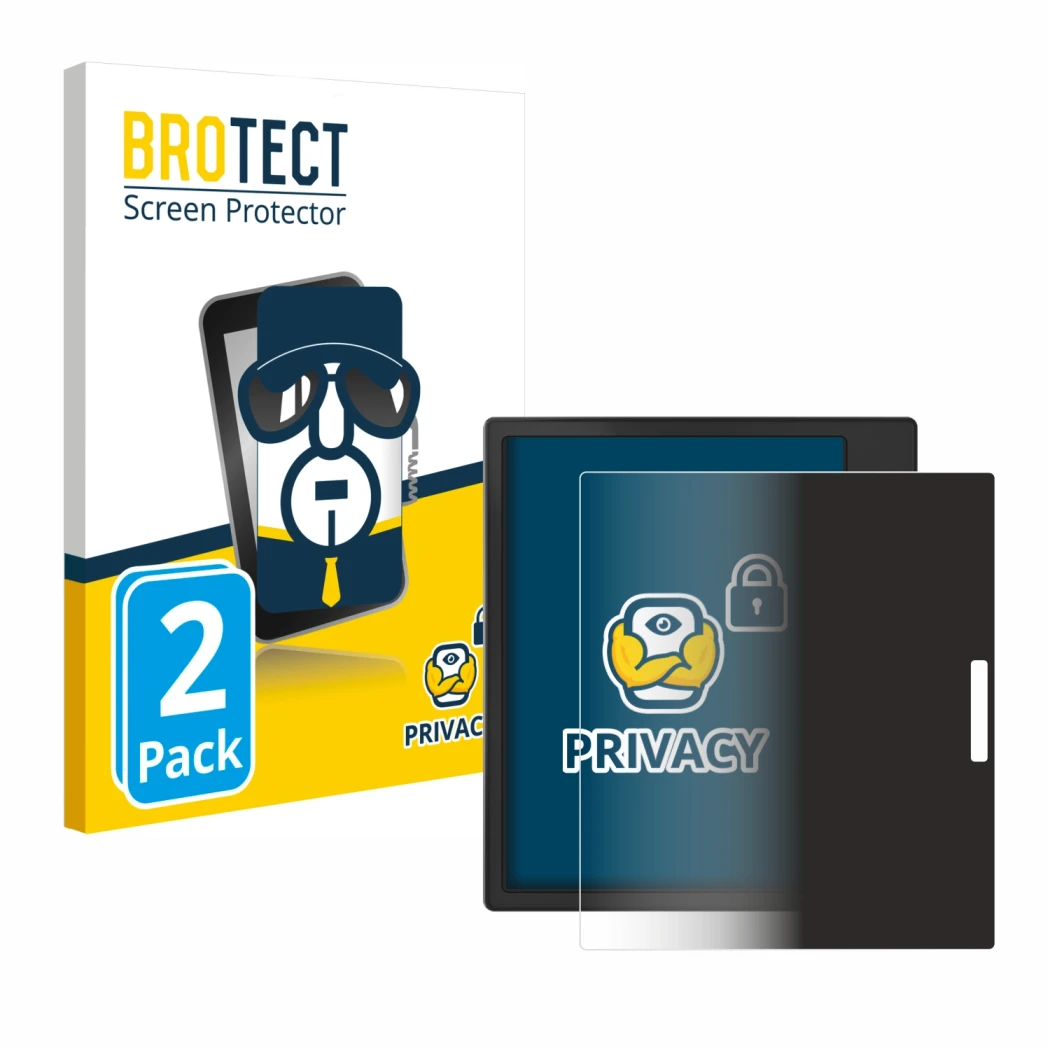 Front side of a product packaging with the brand logo BROTECT. Next to it is the device Boox Page shown with the corresponding