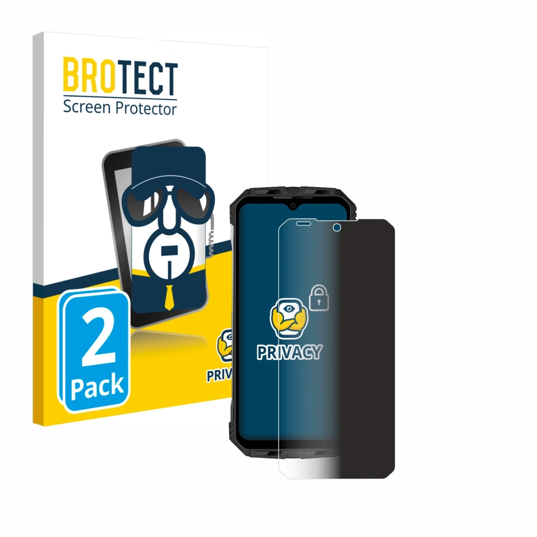 Front side of a product packaging with the brand logo BROTECT. Next to it is the device Doogee S110 shown with the correspondi