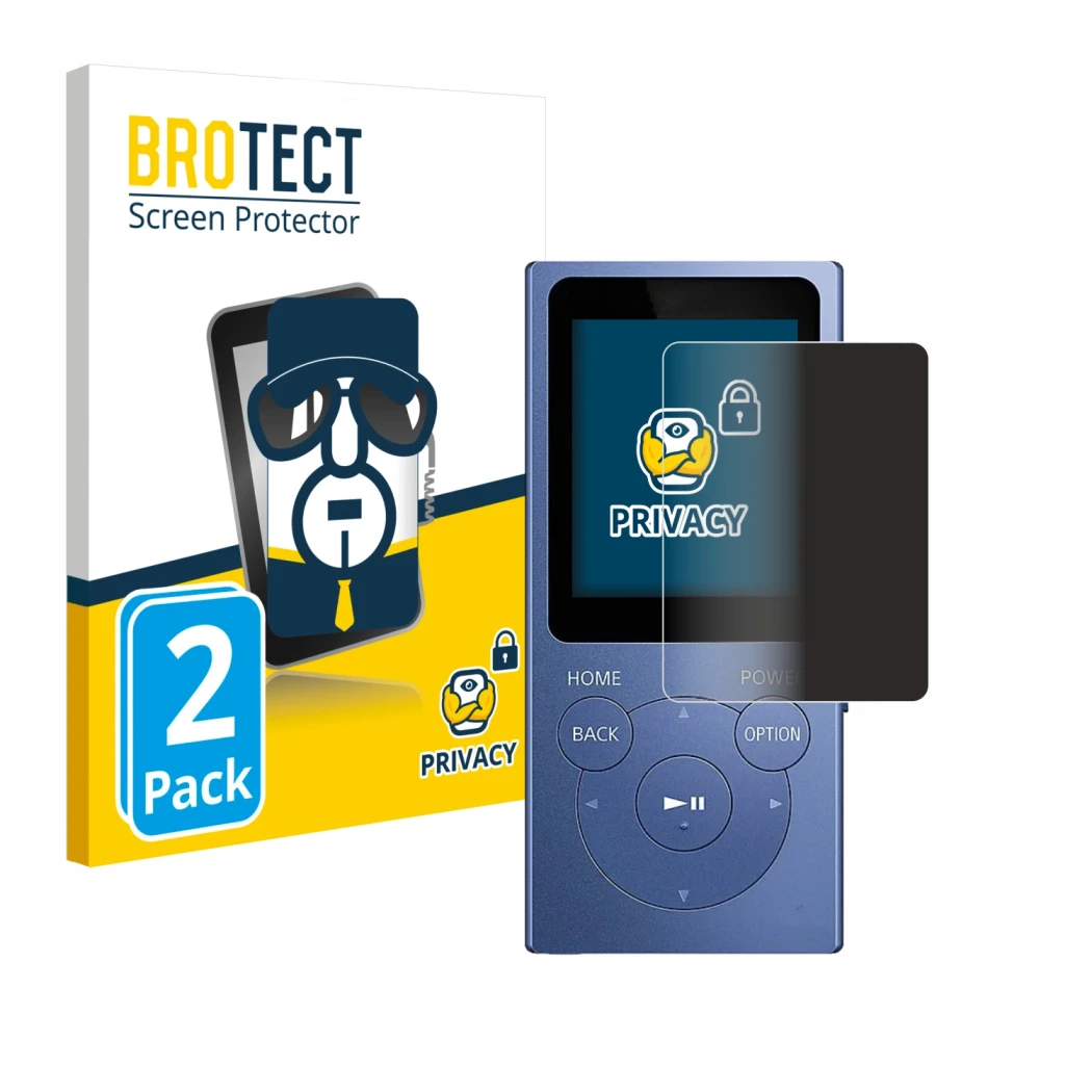 Front side of a product packaging with the brand logo BROTECT. Next to it is the device Sony Walkman NW-E394 shown with the co