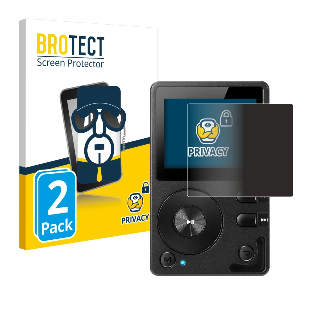 Front side of a product packaging with the brand logo BROTECT. Next to it is the device Hifi Walker H2 shown with the correspo