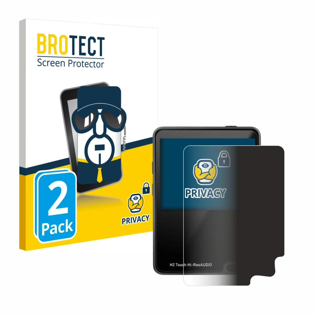 Front side of a product packaging with the brand logo BROTECT. Next to it is the device HifiWalker H2 touch shown with the cor
