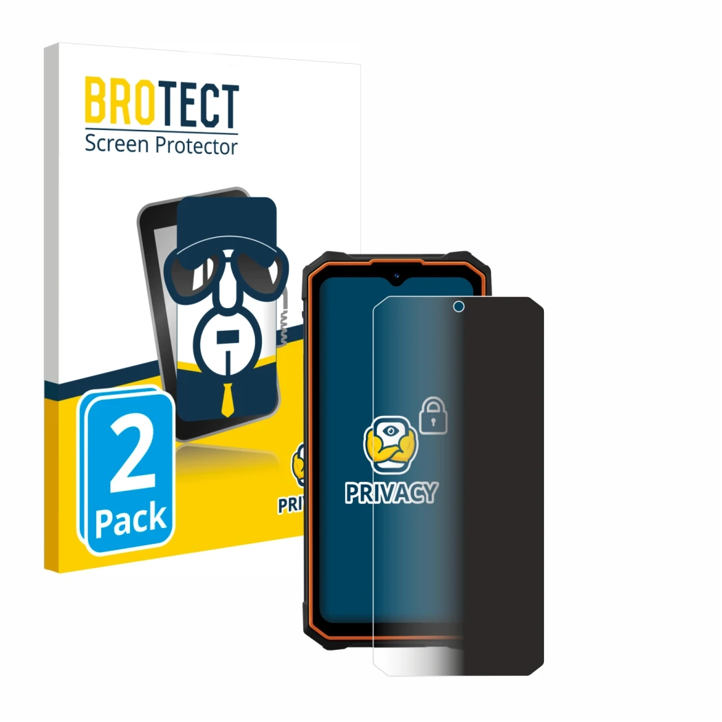 Front side of a product packaging with the brand logo BROTECT. Next to it is the device Hotwav Cyber 13 Pro shown with the cor