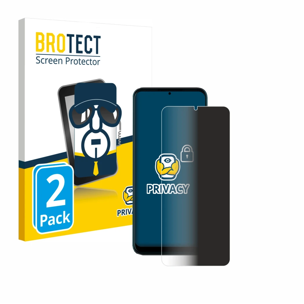 Front side of a product packaging with the brand logo BROTECT. Next to it is the device Telekom T Phone Pro shown with the cor