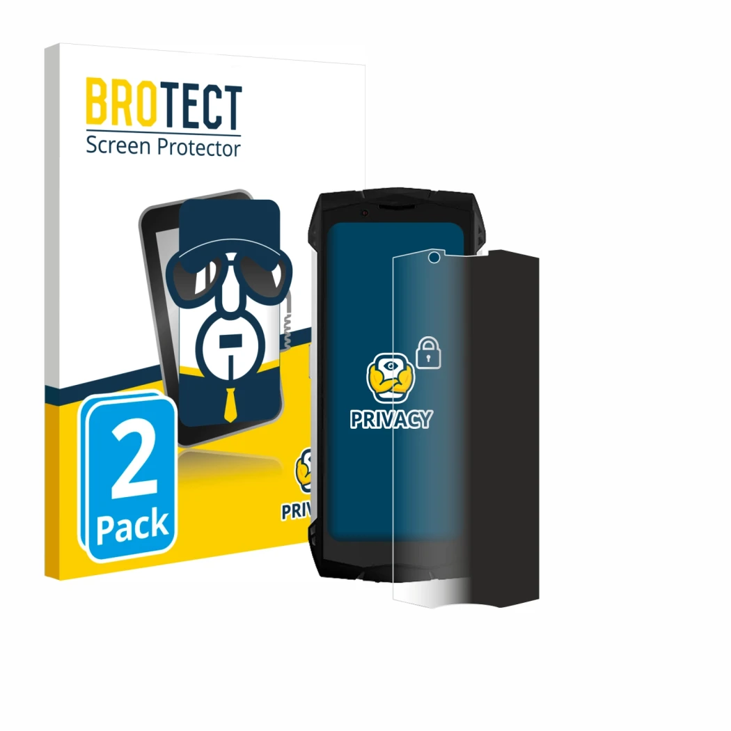 Front side of a product packaging with the brand logo BROTECT. Next to it is the device Doogee S Mini shown with the correspon
