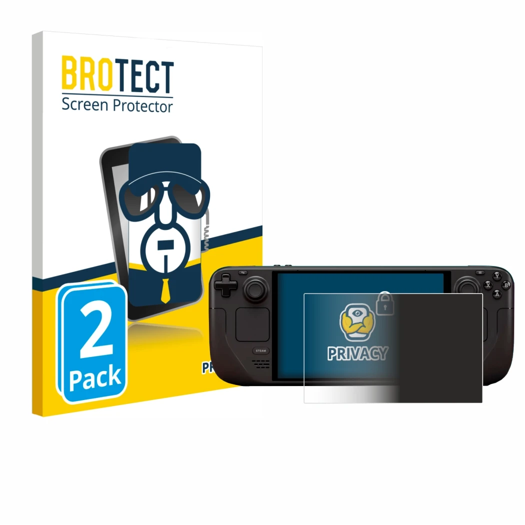 Front side of a product packaging with the brand logo BROTECT. Next to it is the device Valve Steam Deck OLED shown with the c