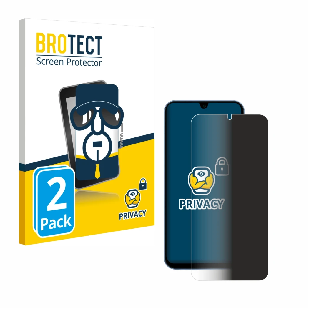 Front side of a product packaging with the brand logo BROTECT. Next to it is the device Samsung Galaxy A15 shown with the corr