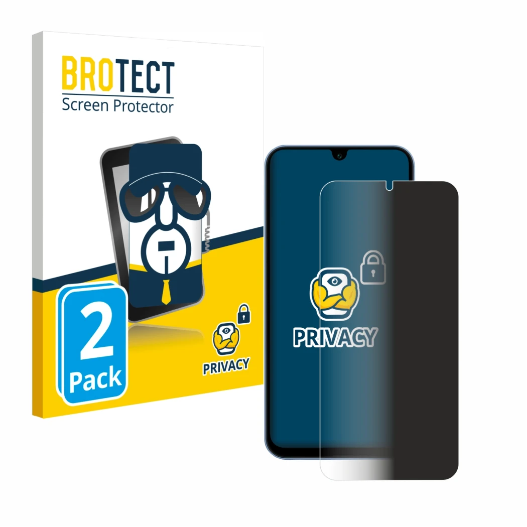 Front side of a product packaging with the brand logo BROTECT. Next to it is the device Samsung Galaxy A15 5G shown with the c