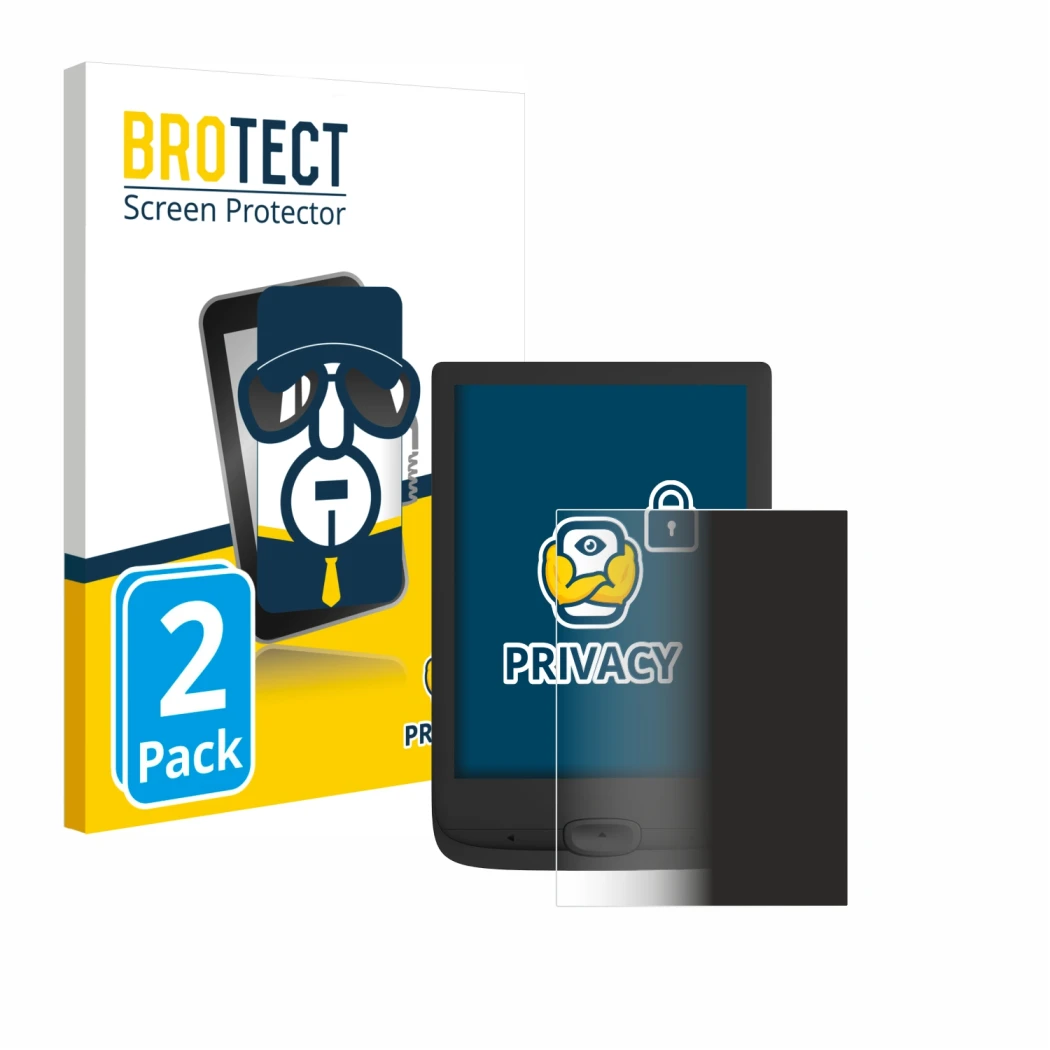 Front side of a product packaging with the brand logo BROTECT. Next to it is the device PocketBook Basic Lux 4 shown with the 
