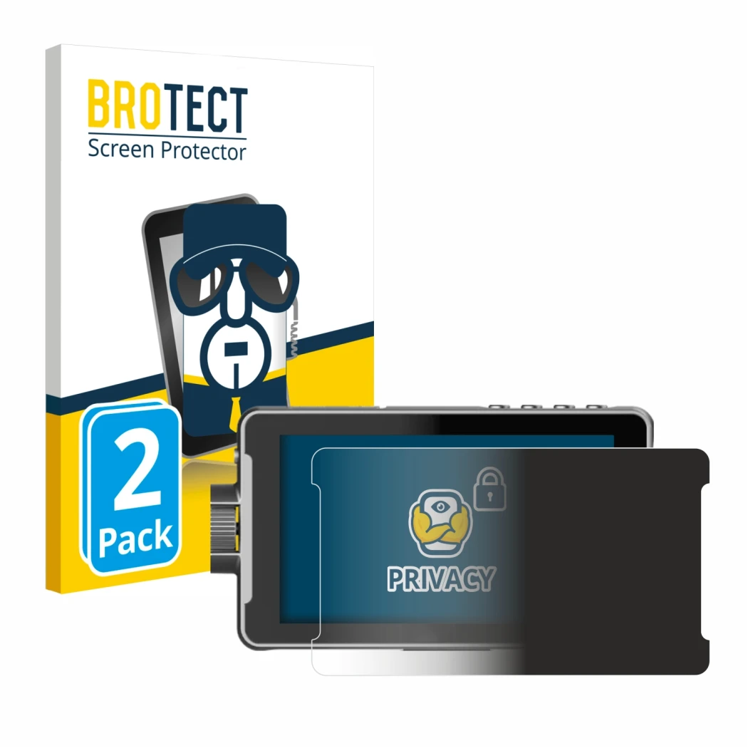 Front side of a product packaging with the brand logo BROTECT. Next to it is the device Viltrox DC-550 Pro shown with the corr