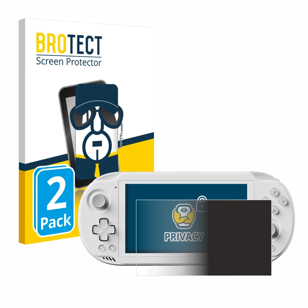 Front side of a product packaging with the brand logo BROTECT. Next to it is the device AYN Odin 2 Mini shown with the corresp