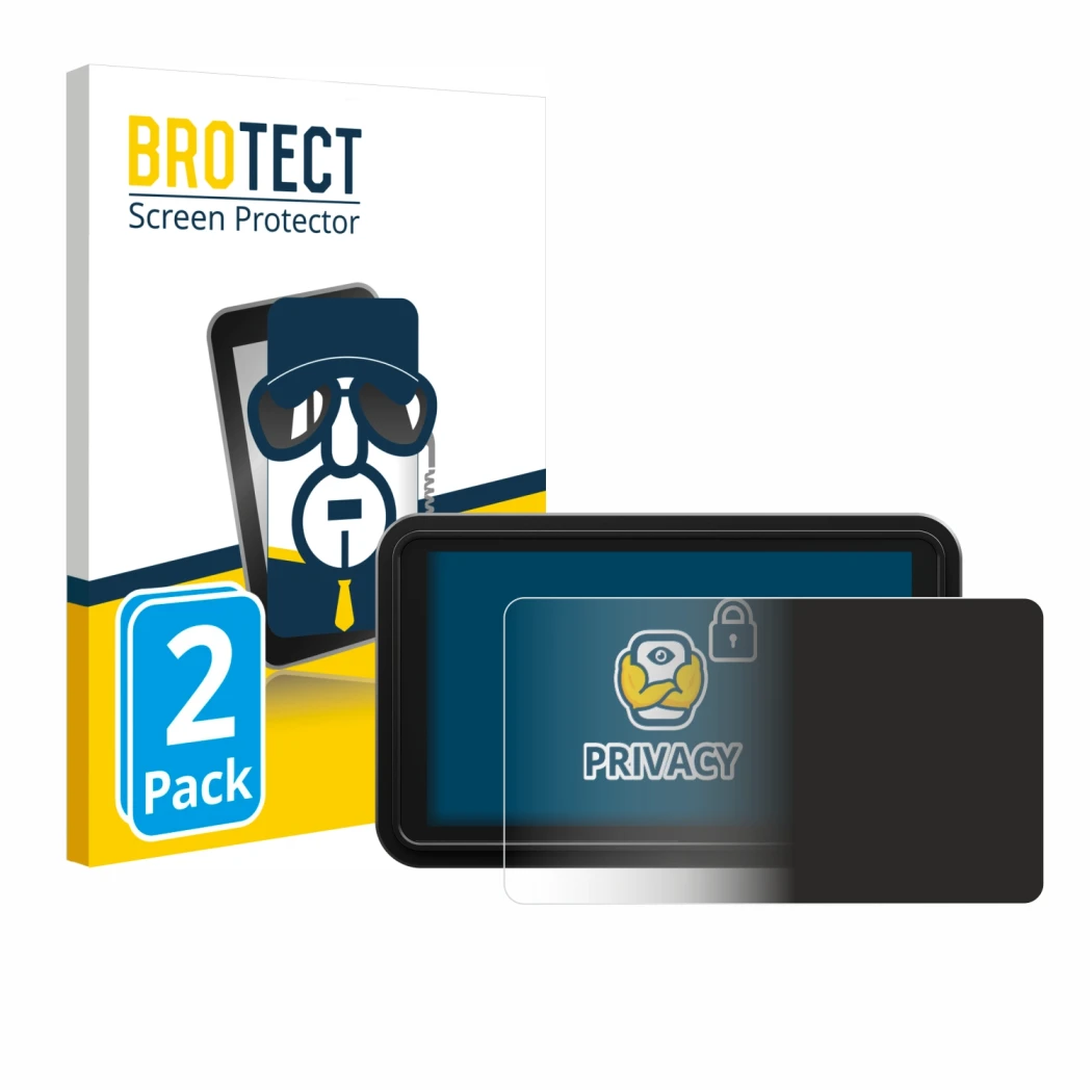 Front side of a product packaging with the brand logo BROTECT. Next to it is the device Atomos Shinobi 2 shown with the corres