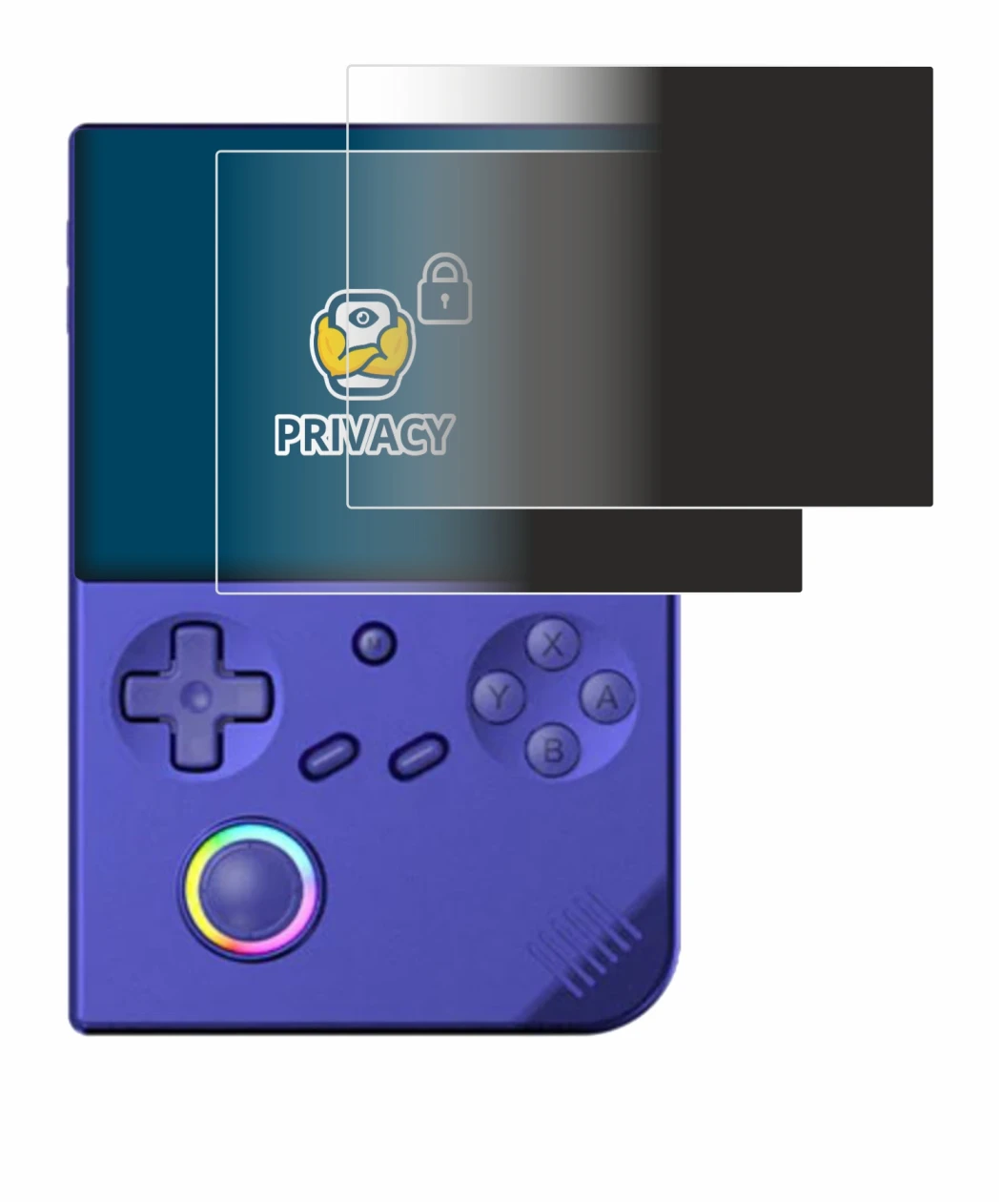 Image of the device Anbernic RG40XXV with a wide variety of screen protectors.