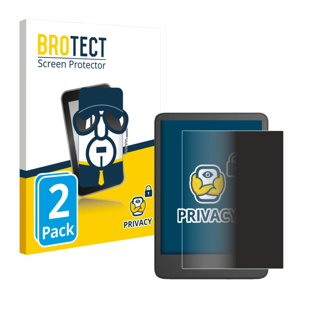 Front side of a product packaging with the brand logo BROTECT. Next to it is the device Amazon Kindle 2024 shown with the corr