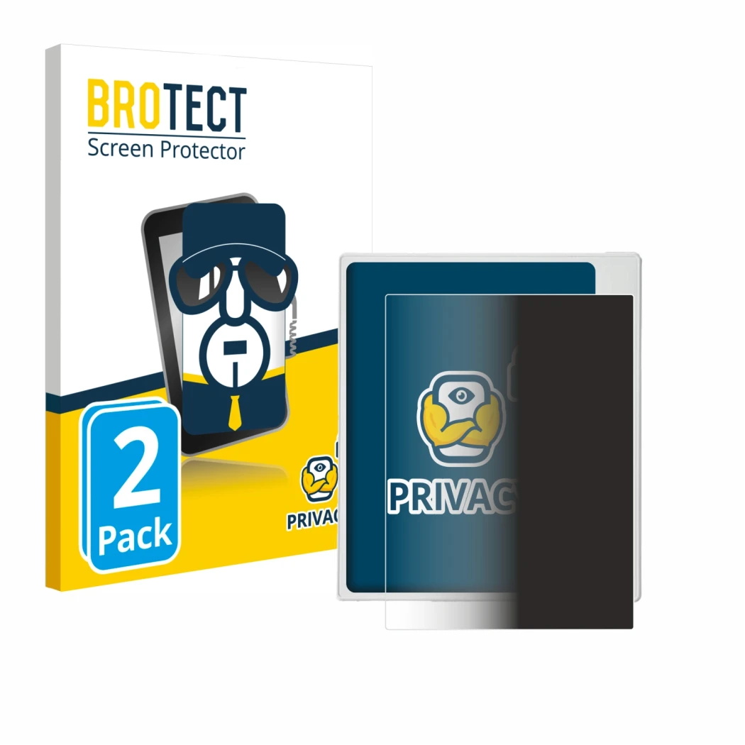 Front side of a product packaging with the brand logo BROTECT. Next to it is the device Boox Go Color 7 White Edition shown wi