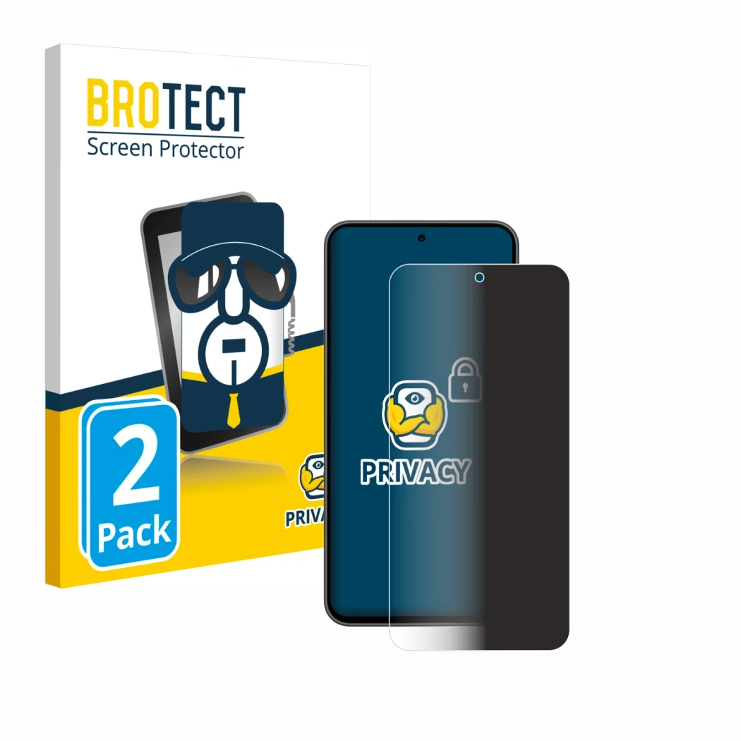 Front side of a product packaging with the brand logo BROTECT. Next to it is the device Samsung Galaxy A36 5G shown with the c