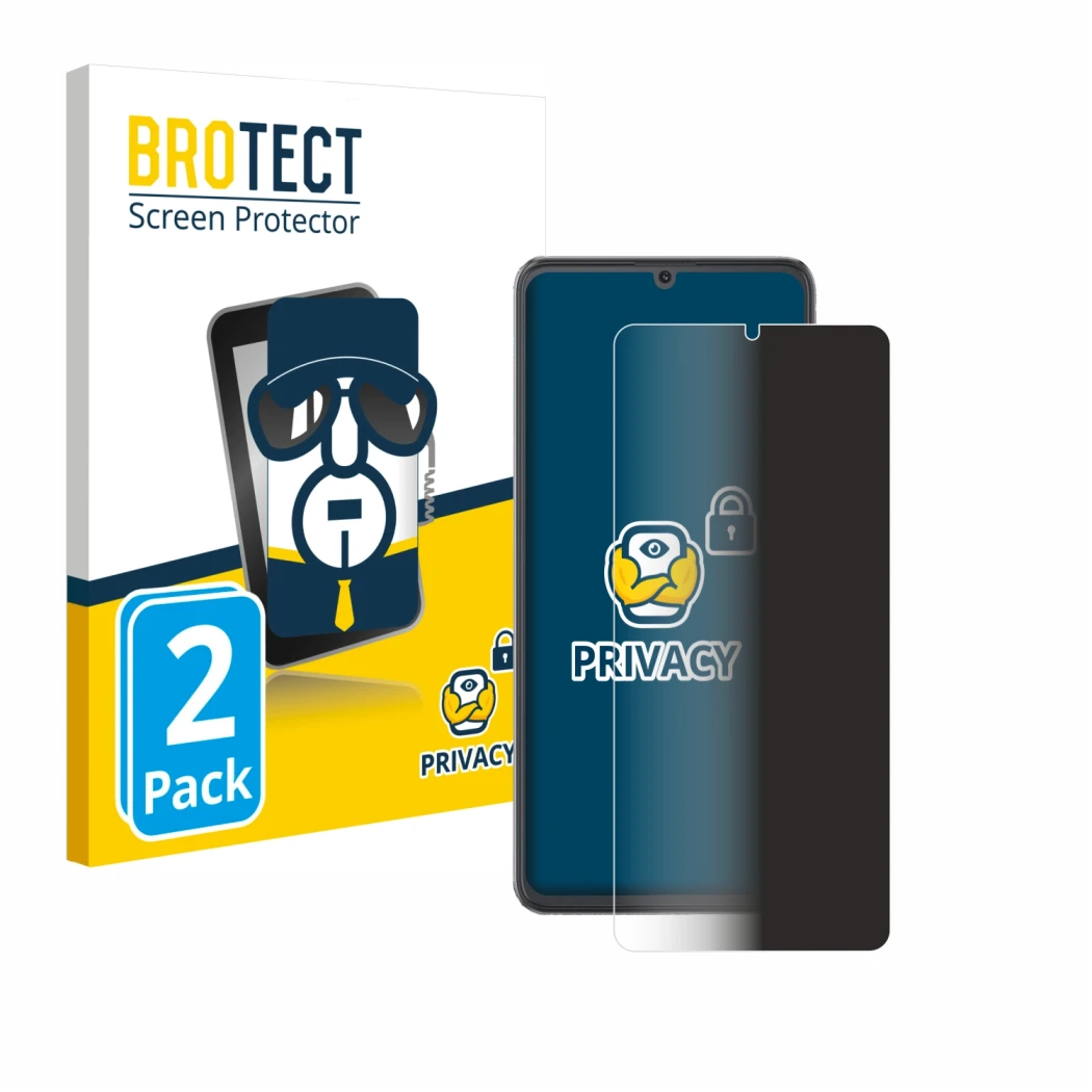 Front side of a product packaging with the brand logo BROTECT. Next to it is the device Cubot A20 shown with the corresponding