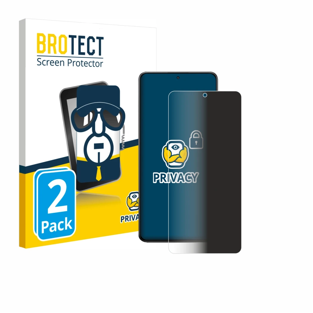 Front side of a product packaging with the brand logo BROTECT. Next to it is the device Xiaomi Poco X7 Pro shown with the corr