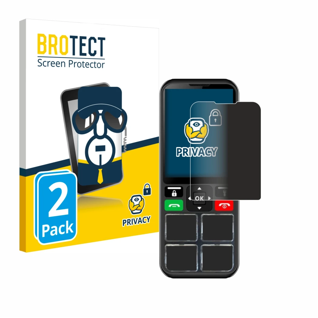 Front side of a product packaging with the brand logo BROTECT. Next to it is the device Geemarc CL8000 shown with the correspo