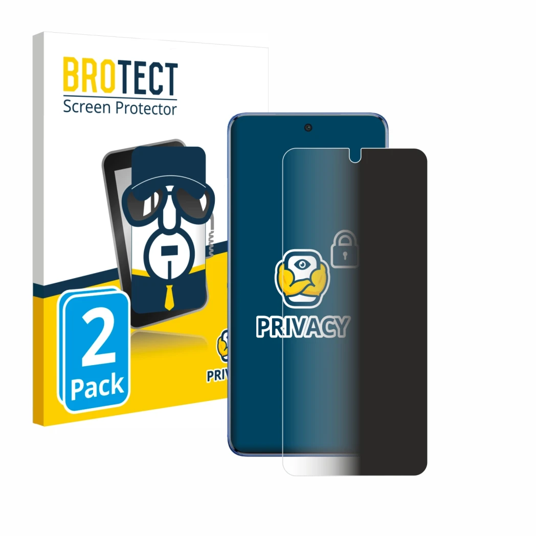 Front side of a product packaging with the brand logo BROTECT. Next to it is the device Vivo V50 shown with the corresponding 
