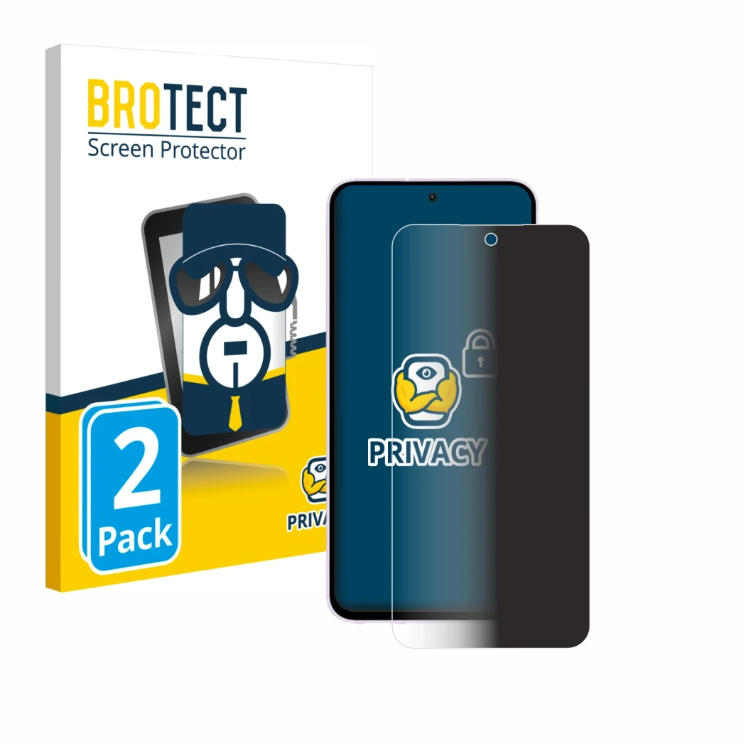Front side of a product packaging with the brand logo BROTECT. Next to it is the device Samsung Galaxy A56 5G shown with the c