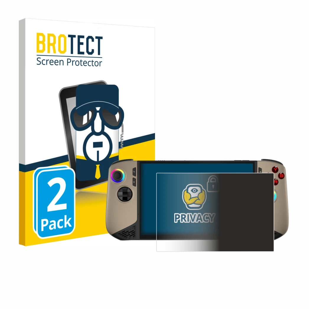 Front side of a product packaging with the brand logo BROTECT. Next to it is the device MSI Claw 8 AI+ shown with the correspo