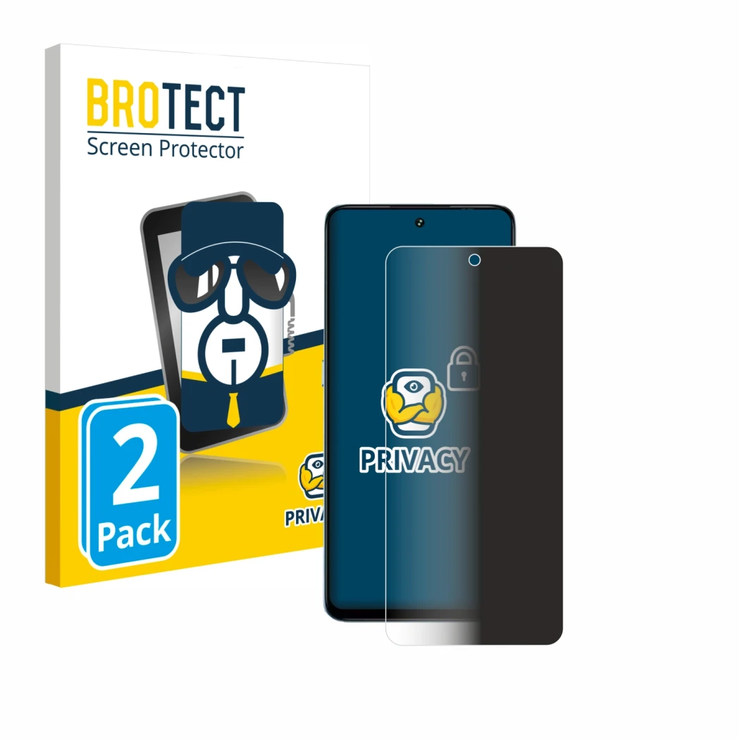 Front side of a product packaging with the brand logo BROTECT. Next to it is the device Umidigi Note 100 shown with the corres
